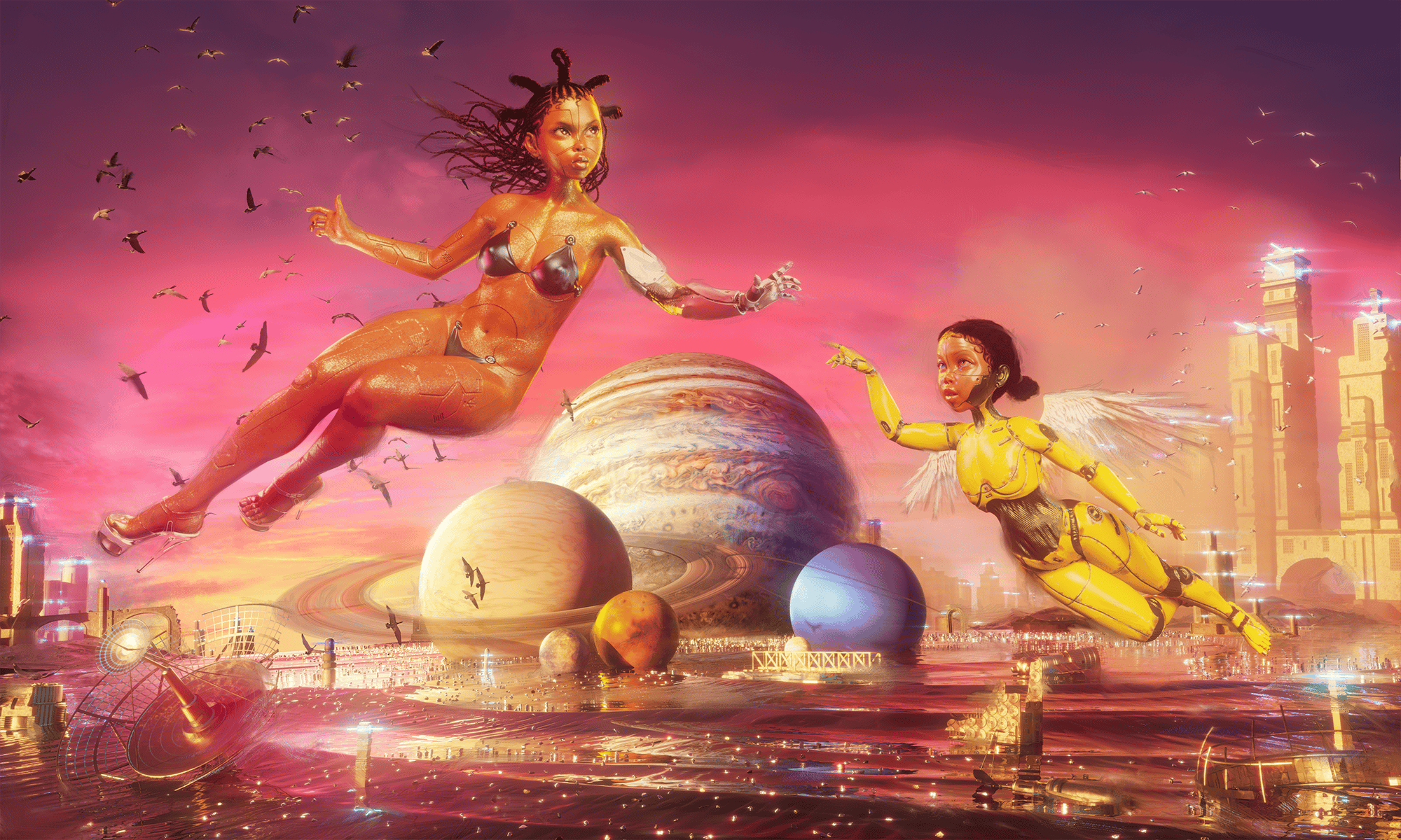 An other-worldly image showing an abstract futuristic skyline with two feminine figures in a position similar to Michelangelo's painting The Creation of Adam.